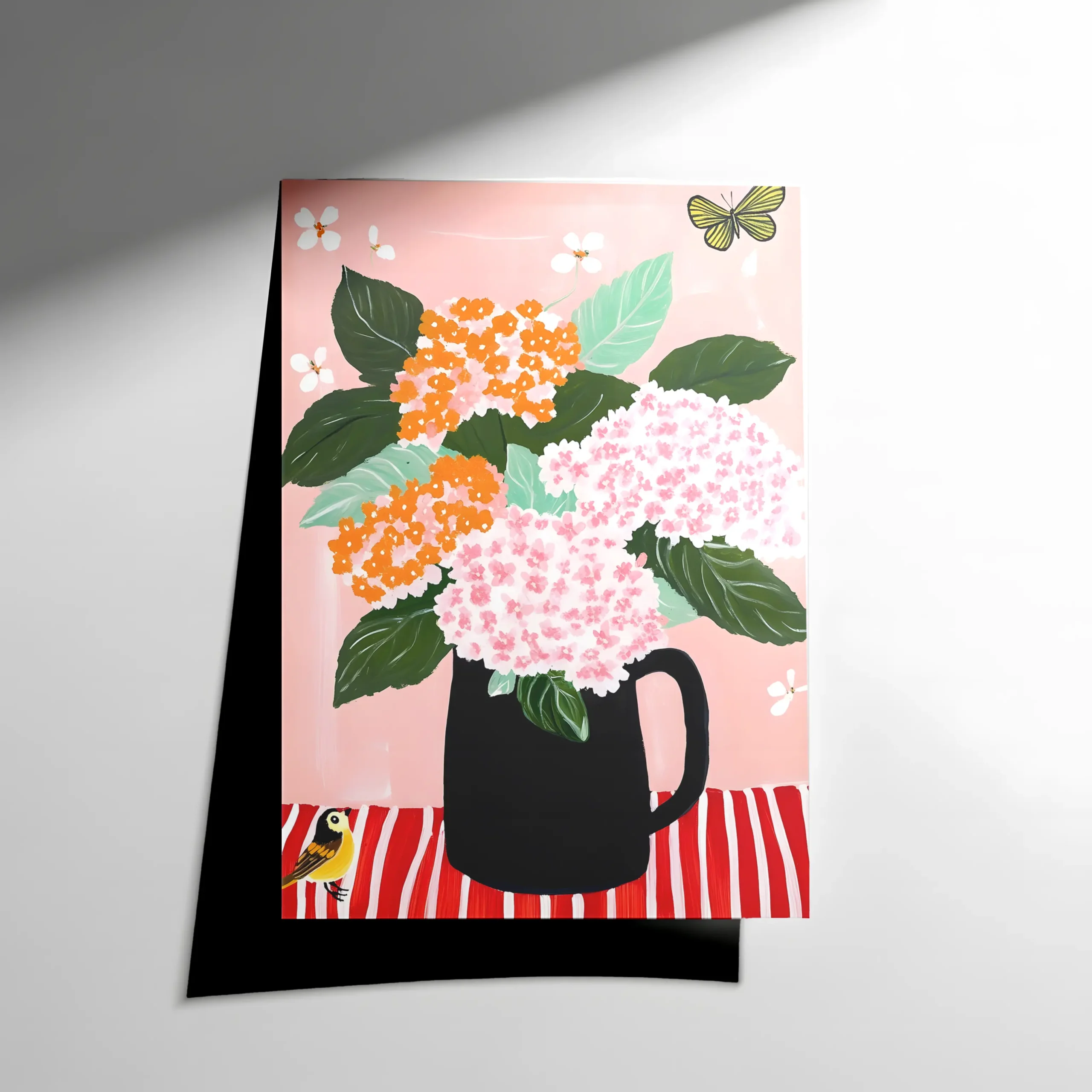 10383 Pembe Arka Plan Üzerinde Siyah Vazo İçinde Ortanca (Hydrangea) Poster - Görsel 1